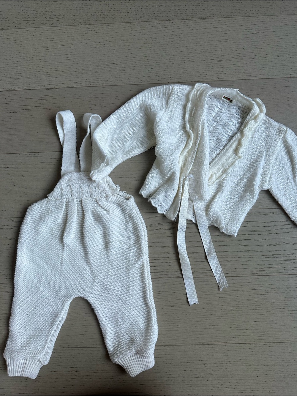 White Knit Baby Sweater and Suspender Pants Set